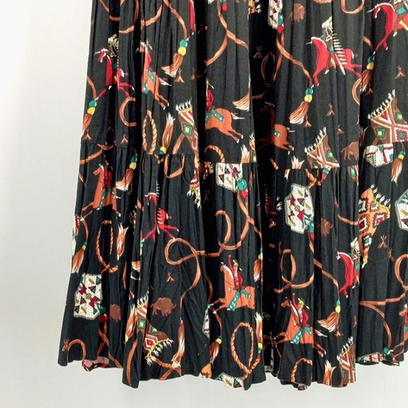 VINTAGE Circle T Native American Indian Chief Tribal Print Tiered Maxi Skirt M - Picture 3 of 13